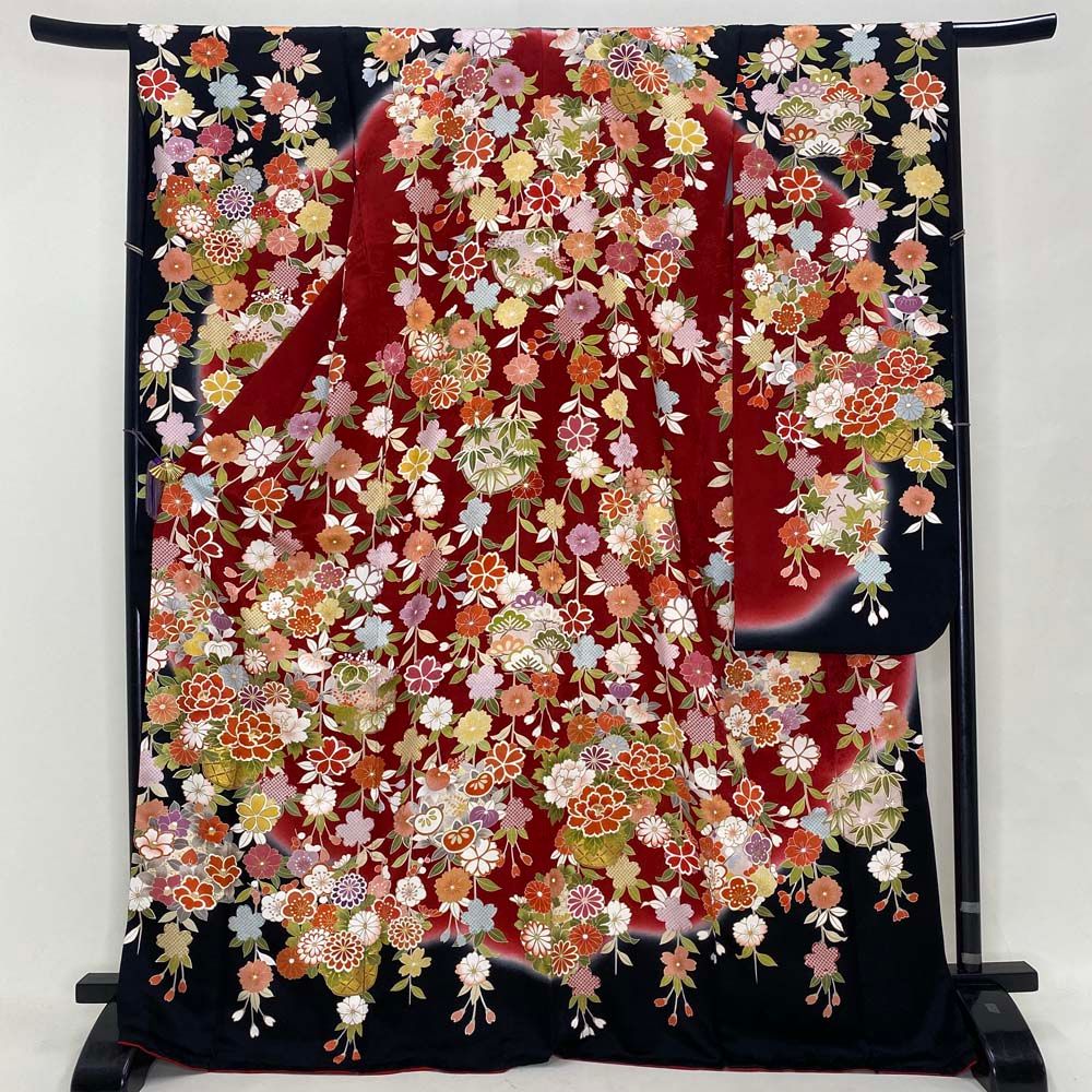 振袖 赤 黒 正絹 古典 裄67.5 cm 身丈173 L サイズ 成人式 5074