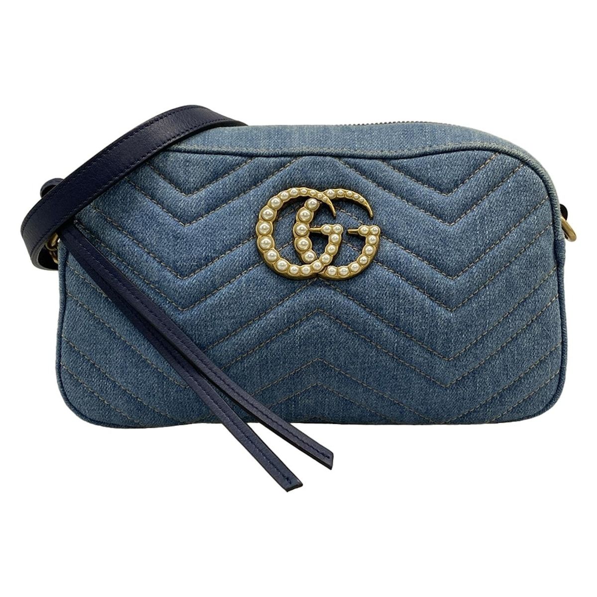 GUCCI グッチ ショルダーバッグ GGマーモント 447632 ブルー×ネイビー チェーンショルダー|フェイクパール レザー