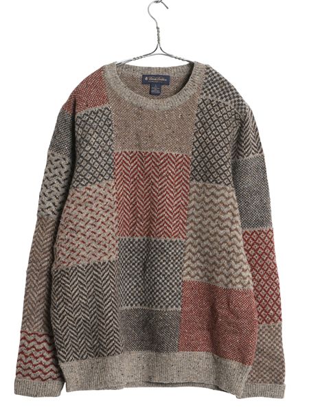 な ! ブルックスブラザーズ パッチワーク メリノ ウール ニット セーター メンズ L 古着 クルーネック クレイジー マルチカラー 総柄 ネップ