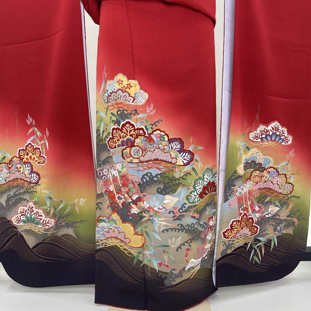 振袖 中古 赤 幅広 大きい 正絹 古典 裄69cm 身丈165.5cm 美品 L