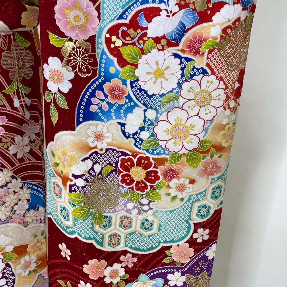  振袖 赤 正絹 古典 裄68 cm 身丈172 L サイズ 成人式 5079 振袖 着物