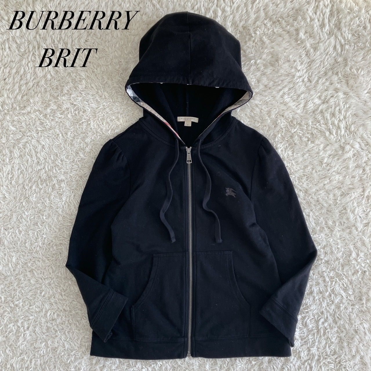 BURBERRY BRIT バーバリーブリット ジップパーカー ノバチェック ホースロゴ 刺繍 ブラック サイズM