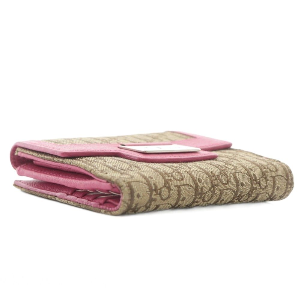 【中古】Dior 財布 二つ折り キャンバス レザー トロッター柄 Wホック 総柄 ロゴ シルバー金具 茶色 ピンク ディオール Dior 財布 二つ折り キャンバス レザー トロッター柄 W