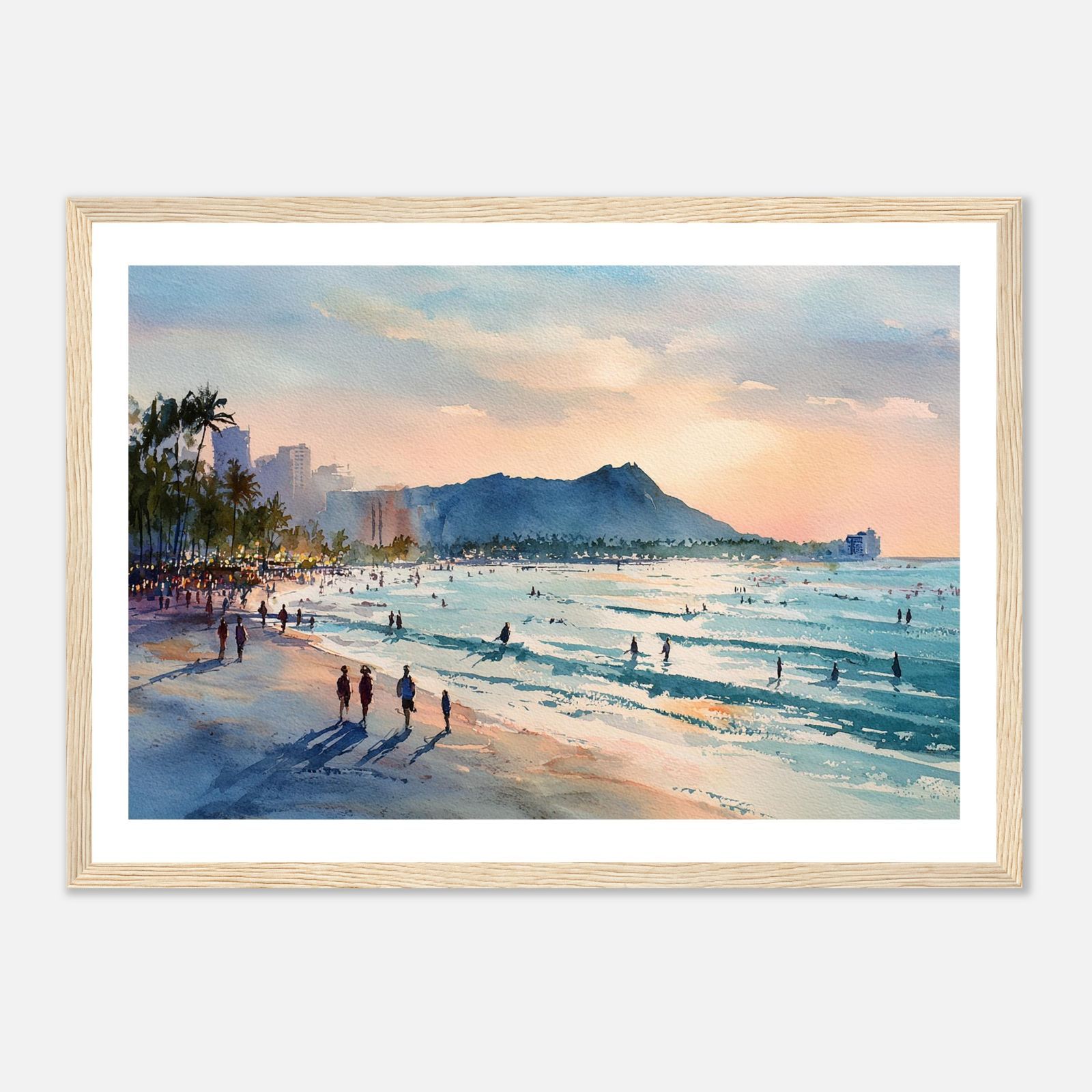 ハワイアンアート A4｜ワイキキビーチとダイヤモンドヘッドの夕景