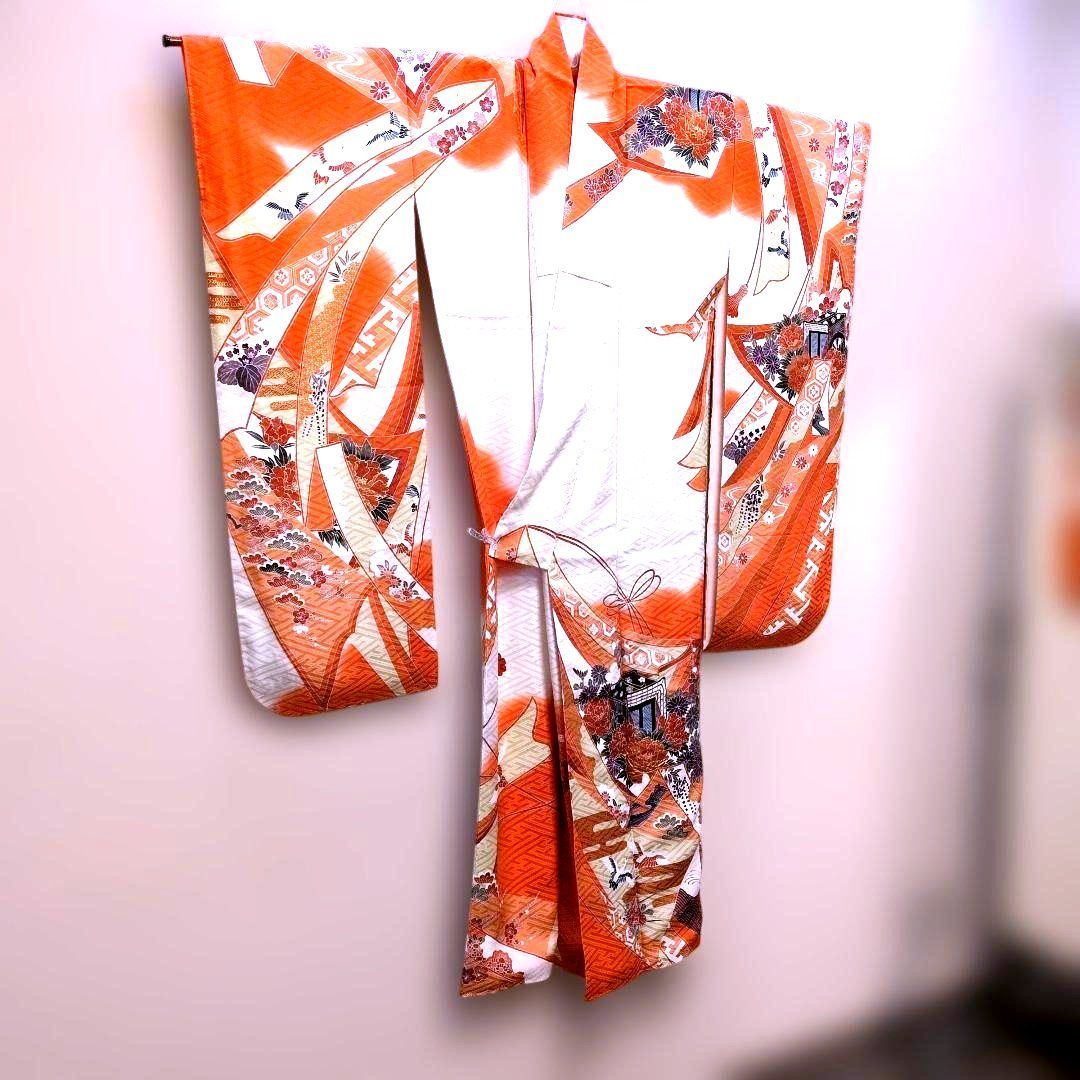 yukky★正絹　作家物　暈し染　金彩　お振袖 MW25.成人正絹振袖【作家物】駒刺繍御所車花文暈し染め金彩逸品152cm