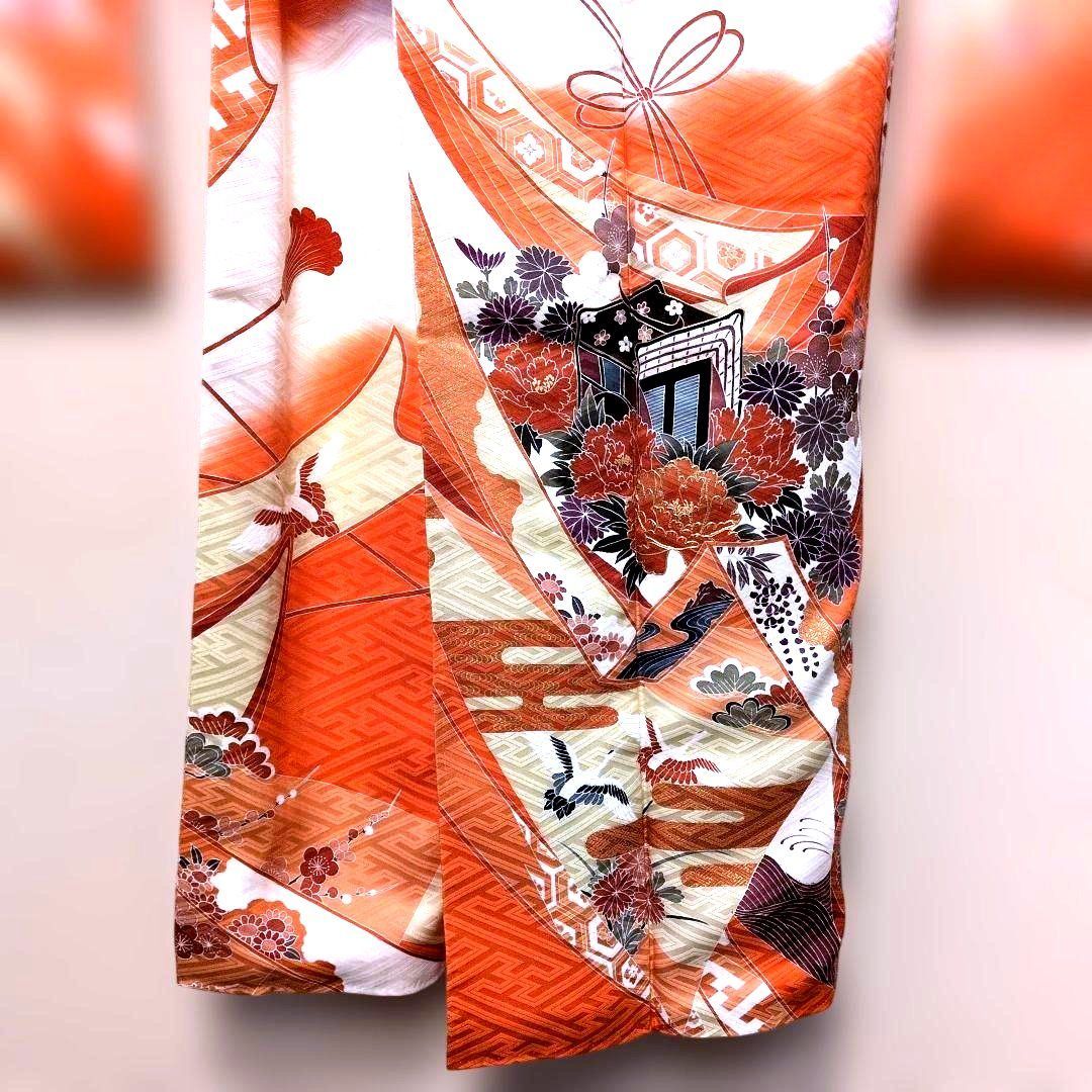 MW25.成人正絹振袖【作家物】駒刺繍御所車花文暈し染め金彩逸品152cm