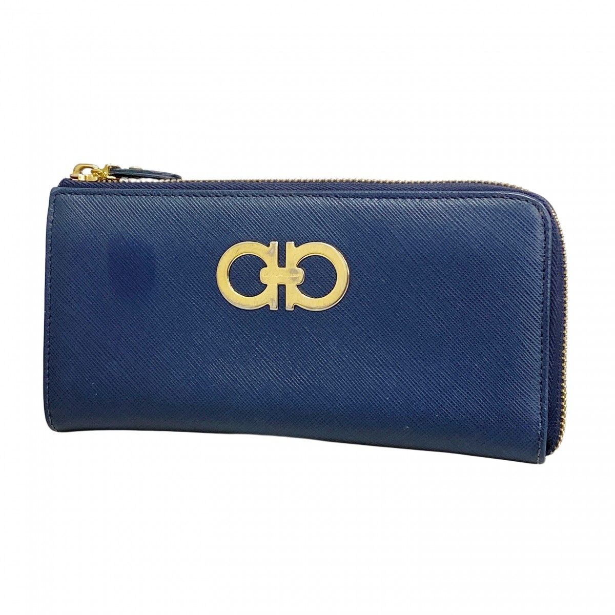6 ab 0765 サルヴァトーレフェラガモ 長財布 ガンチーニ レザー ネイビー ゴールド金具 レディース