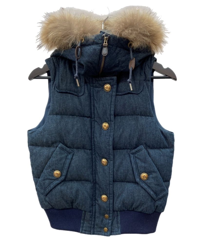 バーバリー Burberry ブルーレーベル BLUE LABEL 三陽商会 ダウン デニム フードファー ジップアップ トレンドデザイン Y 2 K インディゴ NAVY 紺 E 1 G 17-805-29 ベスト ロゴ ネイビー SIZE 38 104 LT-321