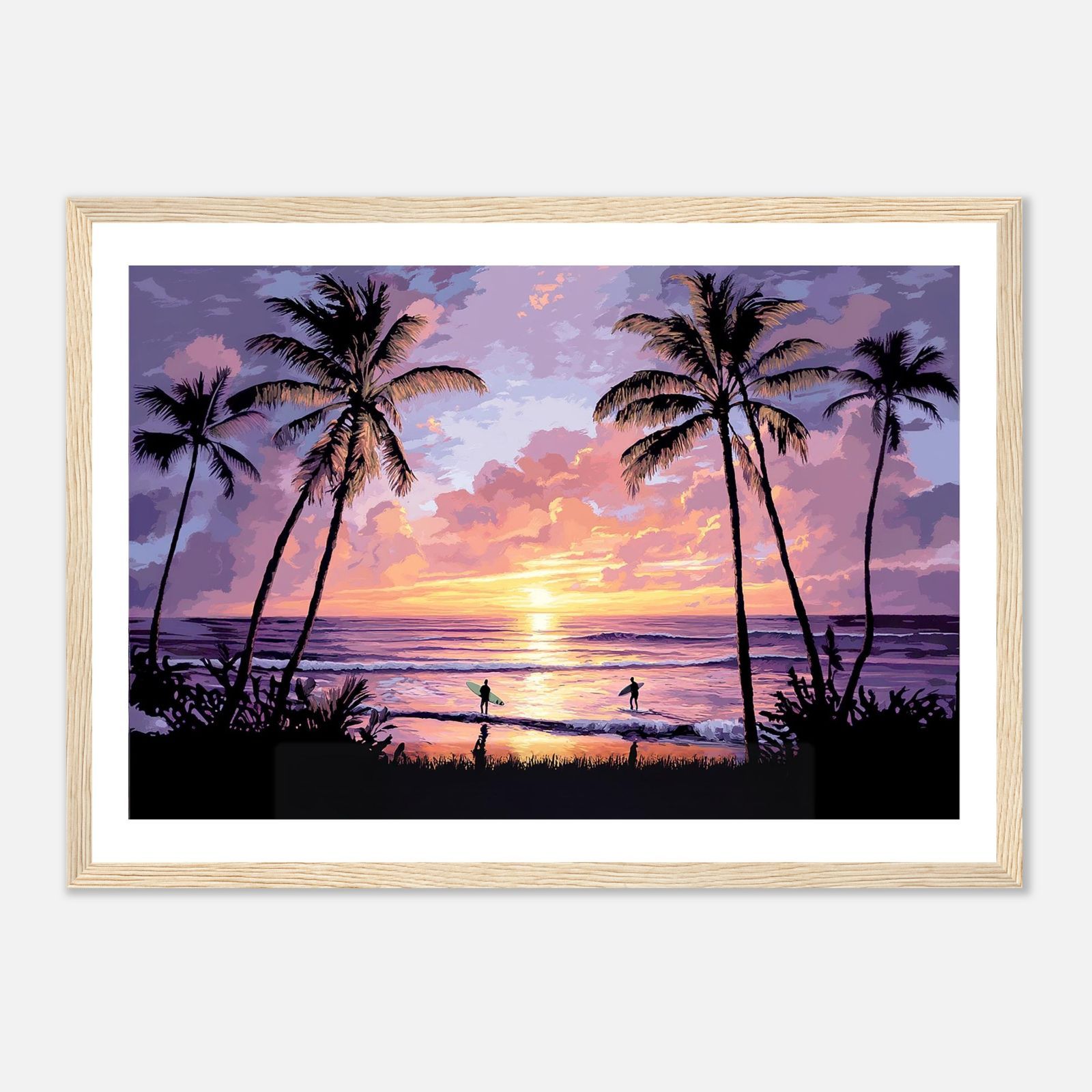 ハワイアンアート A4｜ヤシの木越しに沈むサンセットとサーファー