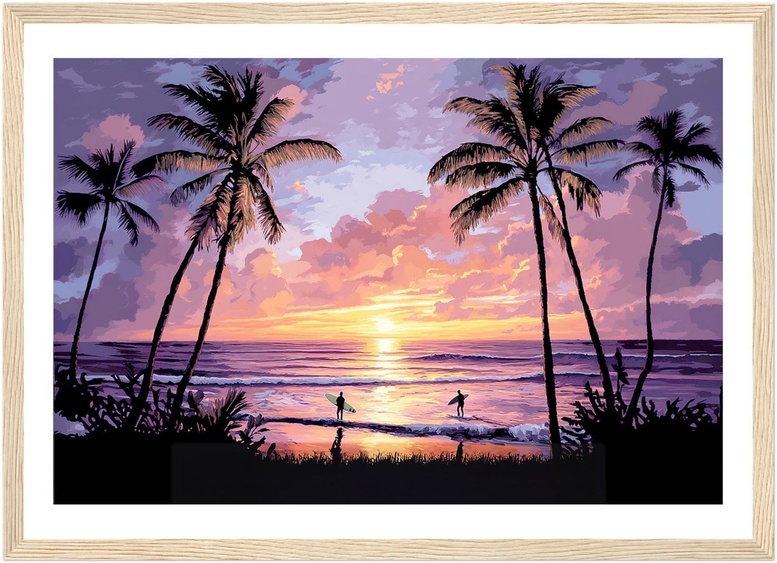 ハワイアンアート A4｜ヤシの木越しに沈むサンセットとサーファー