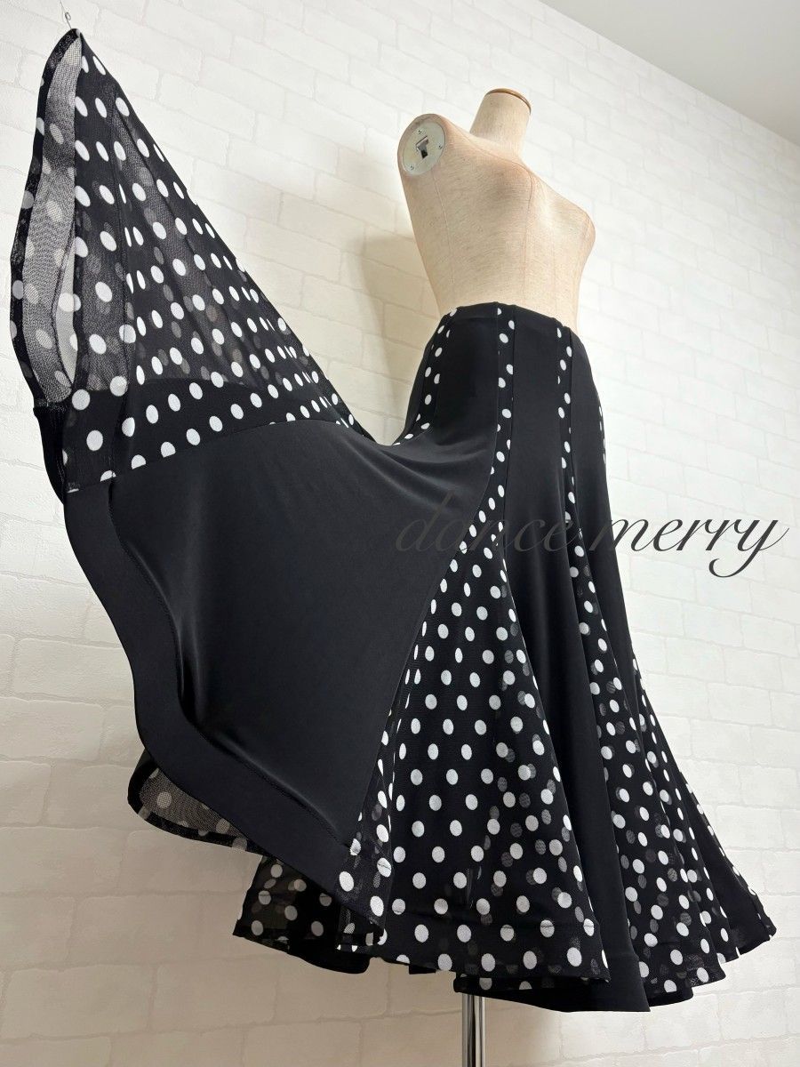 新品 社交ダンス スカート 黒 白 水玉 ドット レッスン パーティ