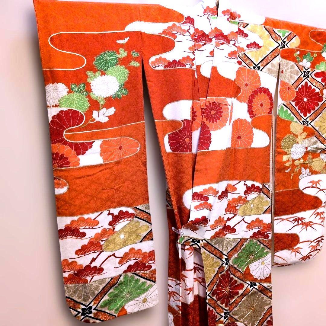 MW23.成人正絹振袖オレンジ豪華美麗金彩金駒刺繍花柄に波模様169cm