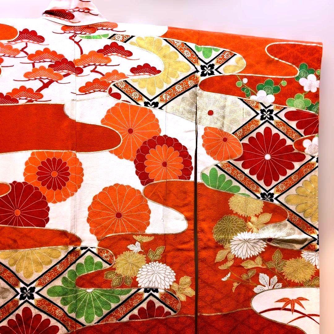 MW23.成人正絹振袖オレンジ豪華美麗金彩金駒刺繍花柄に波模様169cm