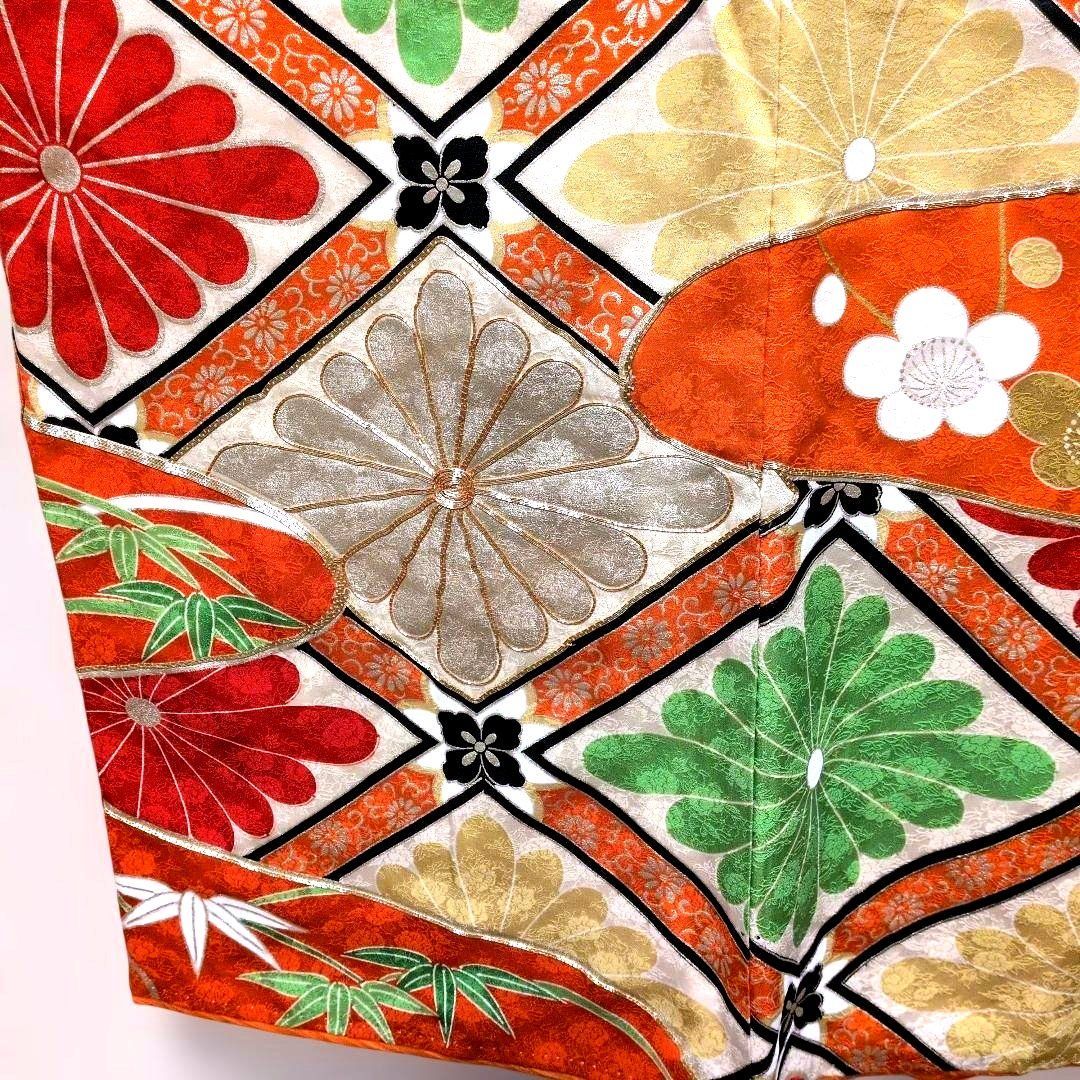 MW23.成人正絹振袖オレンジ豪華美麗金彩金駒刺繍花柄に波模様169cm