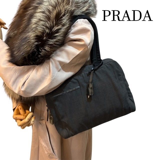 プラダ PRADA ウールブレンド ブラックロゴハンドル ハンドバック ミニトートバッグ ダークグレー
