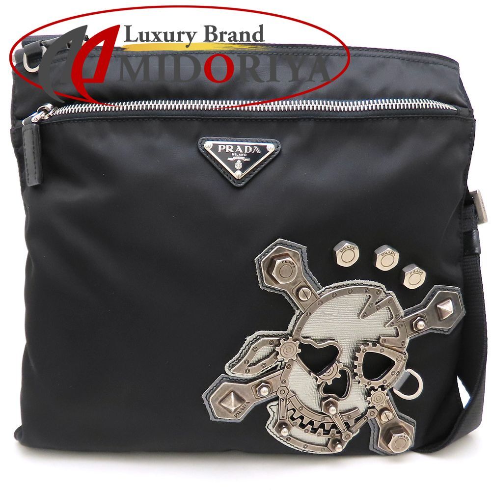 PRADA プラダ トライアングルプレート スカル フラット ショルダーバッグ VA 0859 ナイロンxサフィアーノレザー ブラック レディース|353017