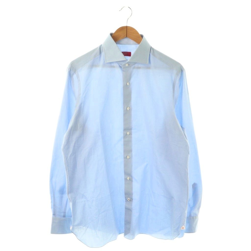 イザイア ISAIA ホリゾンタルカラー コットン シャツ 長袖 16 1|2 42 ライトブルー |HK OS AD