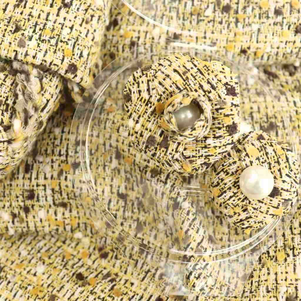 ルネ Rene TISSUE ブローチ付きツイードワンピース 34 イエロー マルチ