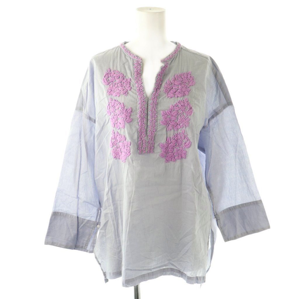 ヌキテパ NE QUITTEZ PAS! チカン刺繍 ブラウス ストライプ 長袖 ライトブルー |HK OS SH