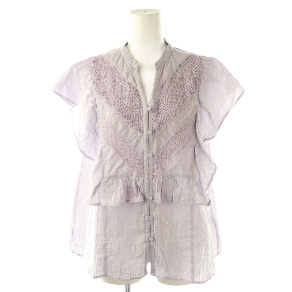 ヌキテパ NE QUITTEZ PAS! 25 SS Cotton Lurex Stripe Lace Mix Blouse ブラウス レース フレンチスリーブ ラベンダー |HK OS SH