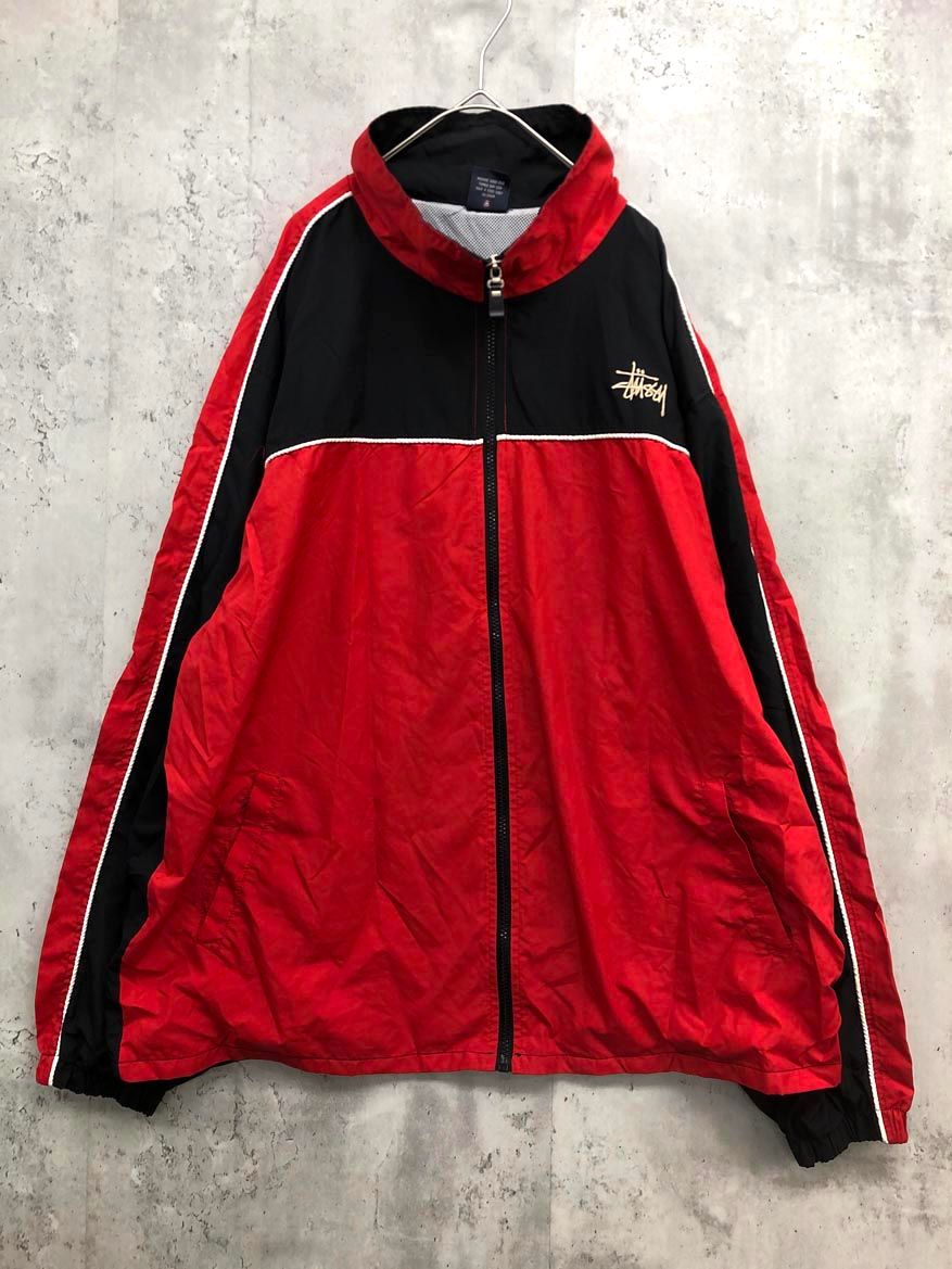 STUSSY ステューシー ９０S’ ナイロン ビッグロゴ バックロゴ 刺繍 ジャケット 黒|赤 ◎メンズ
