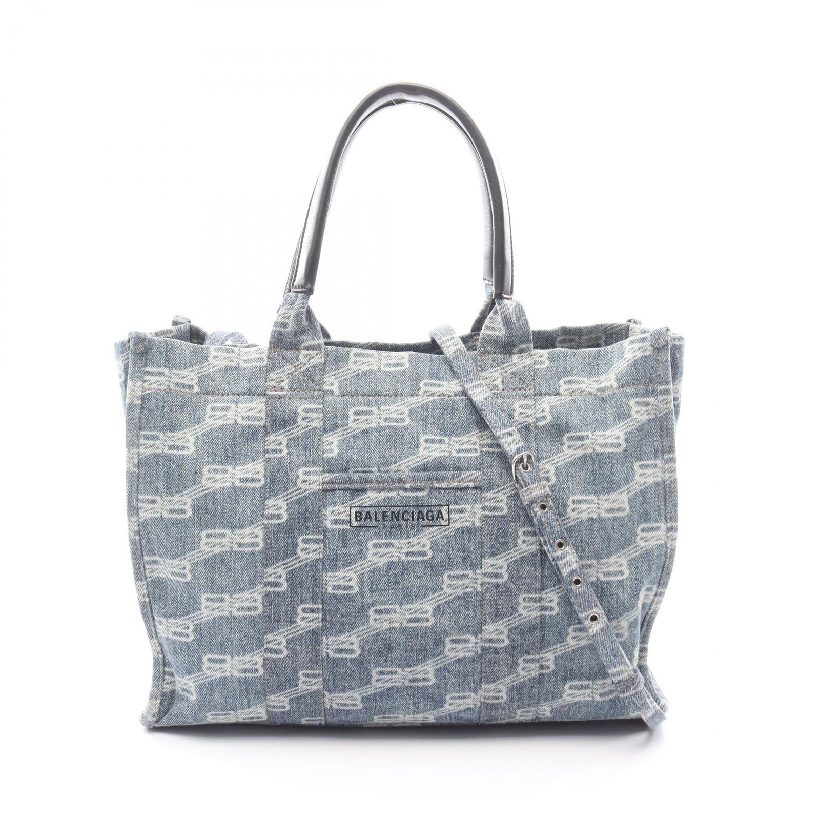 バレンシアガ トートバッグ BBモノグラム 671402 デニムブルー デニム レザー ハードウェア トート レディース B