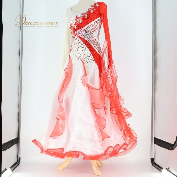 B1174★クリーム色/レース/赤花/ワンピース/スタンダードドレス☆社交ダンス Garuda SHOP 社交ダンス衣装女性モダンドレス 発表会ワルツドレス