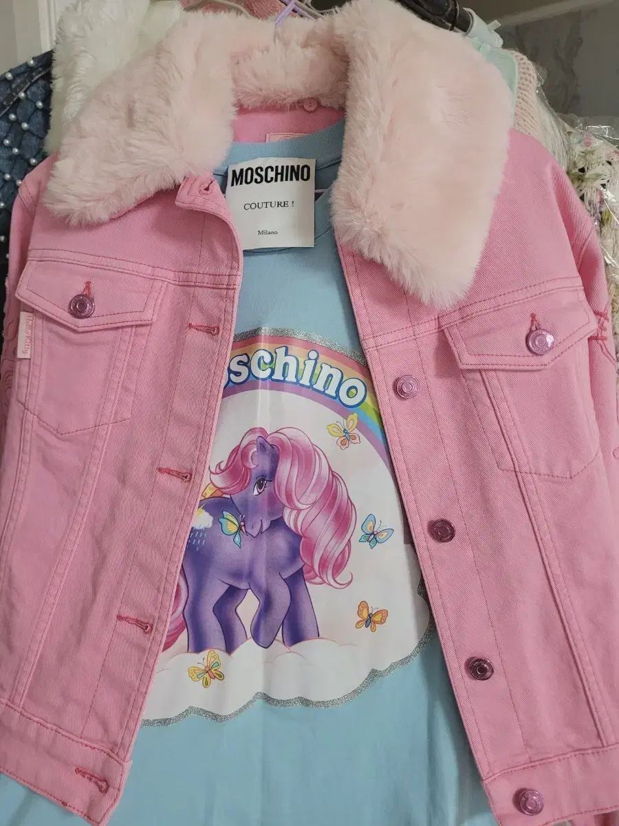 モスキーノ ピンク ファー カラ デニム ジャケット セット