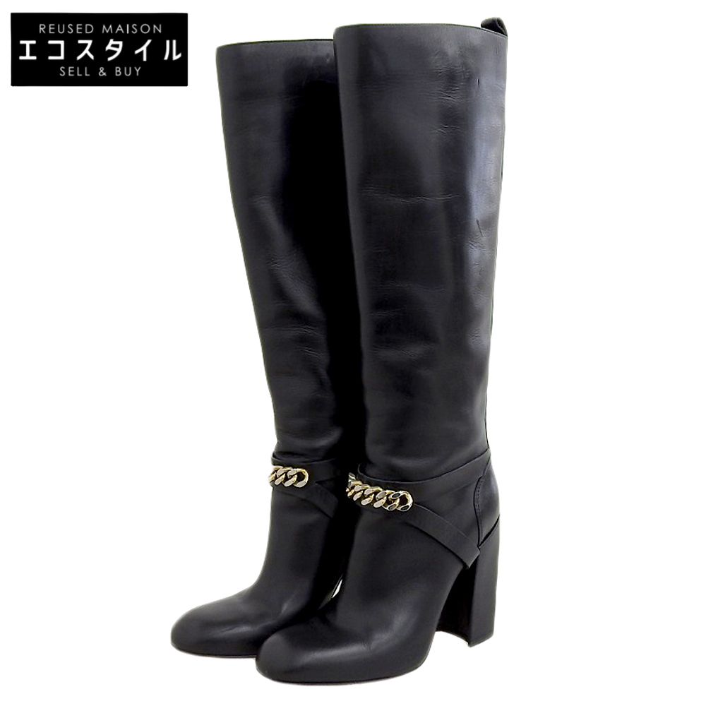 Yves Saint-Laurent イヴサンローラン フロントチェーン チャンキーヒール レザー ロングブーツ シューズ レディース ブラック 36