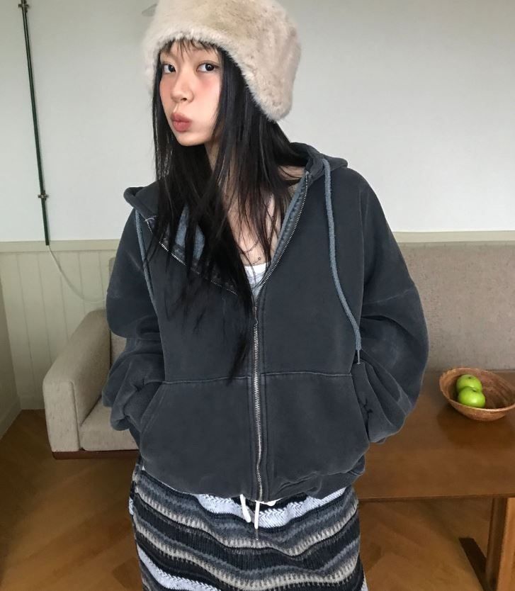 冬 ふわふわ PIGMENT 両面起毛 フーディー ジップアップ _セットアップ コーデ ピグメントウォッシュ ユニセックス