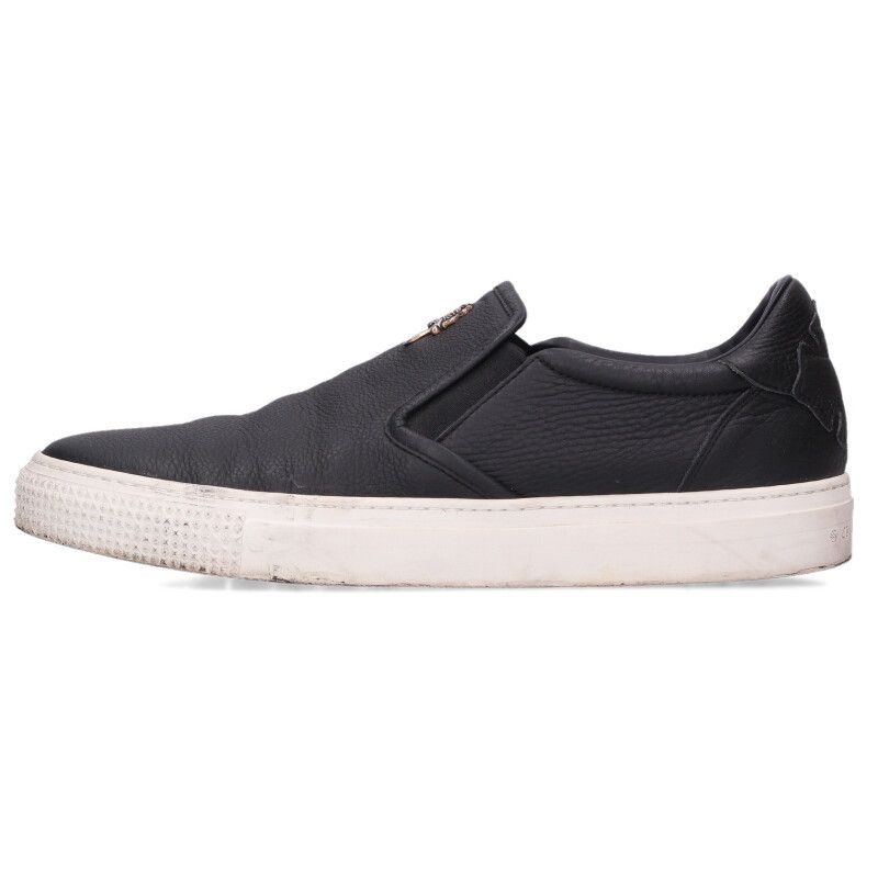 クロムハーツ サイズ:42  SLIP ON CHプラスレザーパッチダガー付レザースリッポン 中古 OS06 クロムハーツ SLIP ON BLK CALF/スリッポン CHプラスレザーパッチ