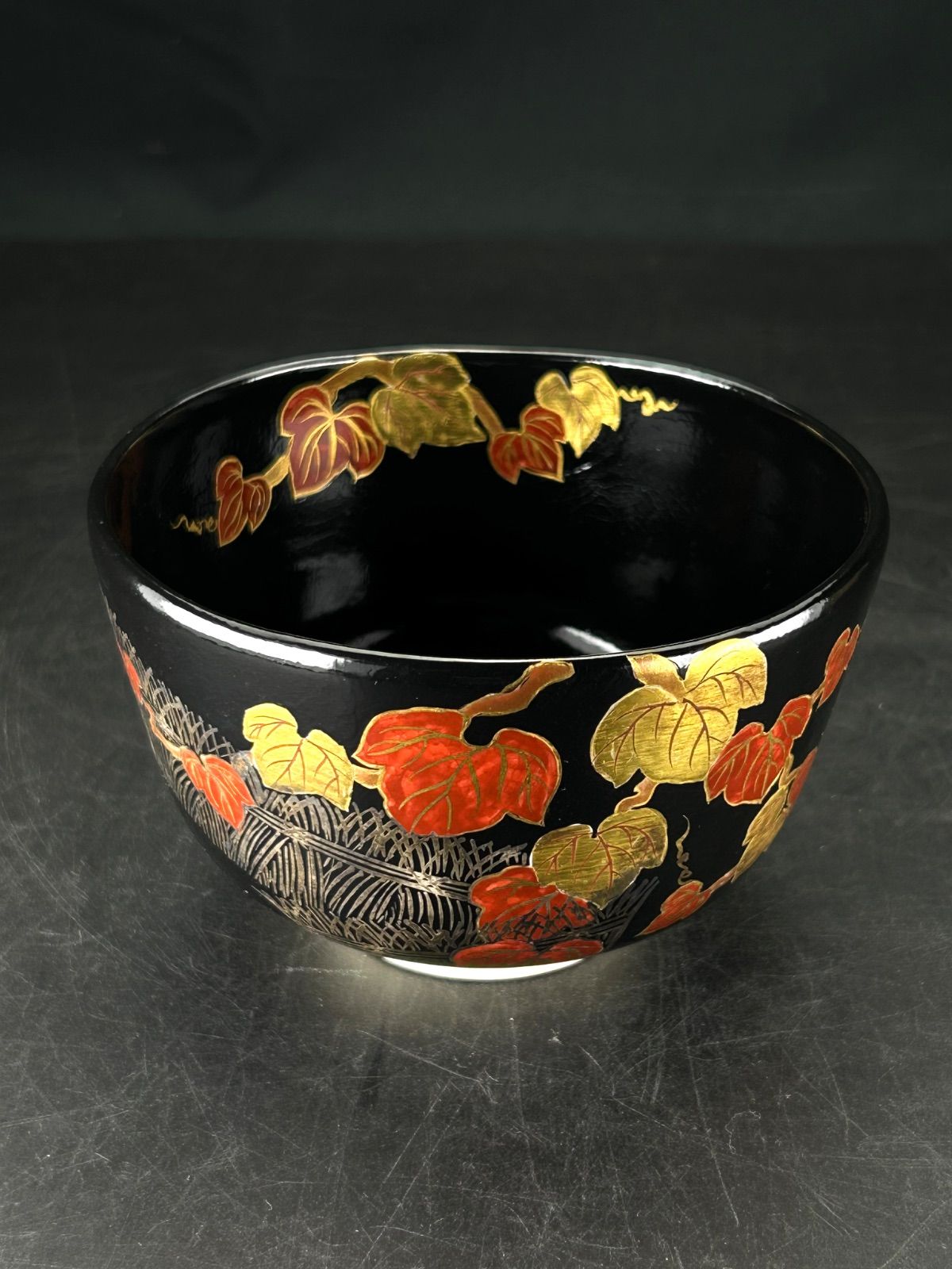 幽玄 橋本城岳 鳴滝窯 黒軸 椛絵 共箱 黒茶碗