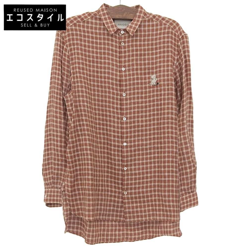 GUCCI グッチ チャック柄 キャット刺繍 長袖シャツ トップス メンズ ブラウン系 50 609042