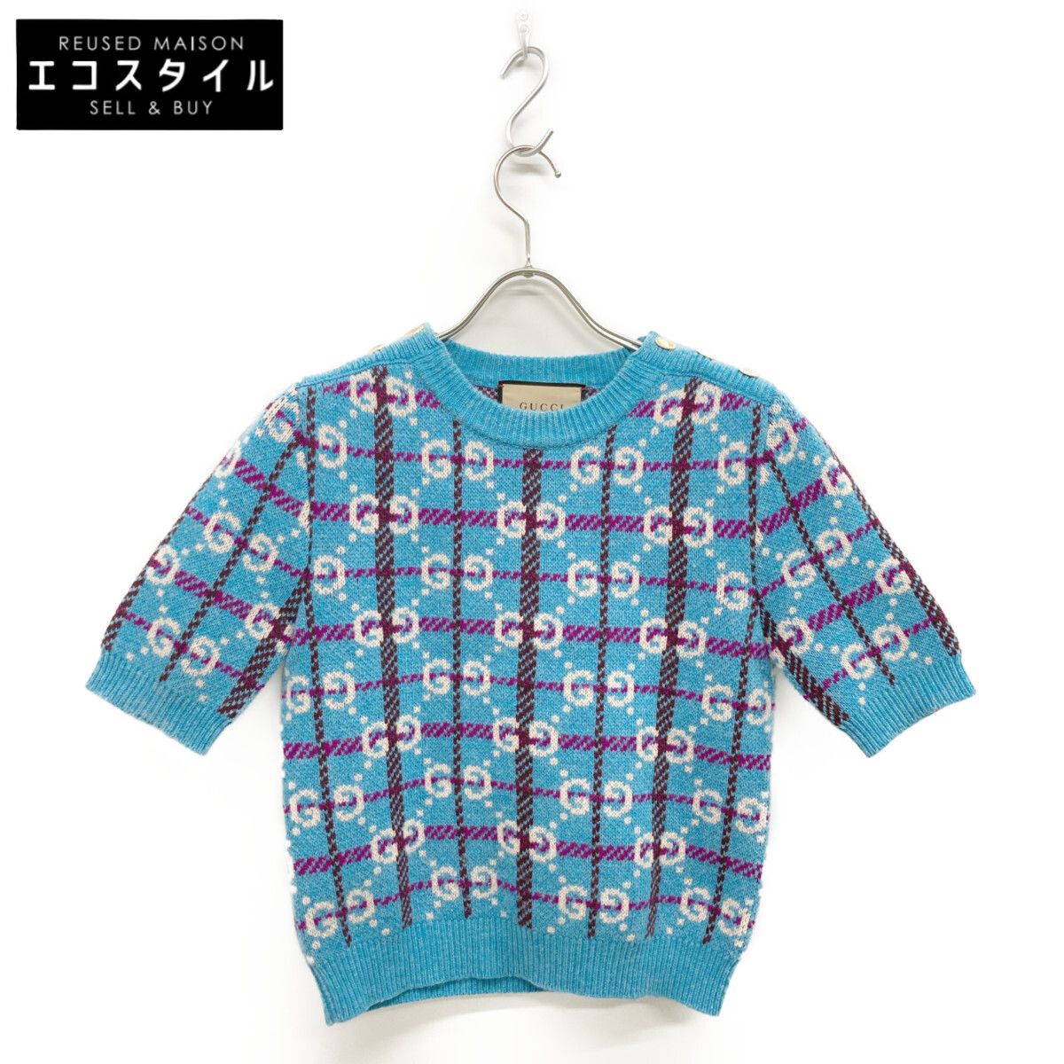 GUCCI グッチ 23 AW 731583 XKC 1 H ﾌﾞﾙｰ ｳｰﾙ 金釦 GG×ﾁｪｯｸ ﾊｰﾌｽﾘｰﾌﾞﾆｯﾄﾌﾟﾙｵｰﾊﾞｰ XS