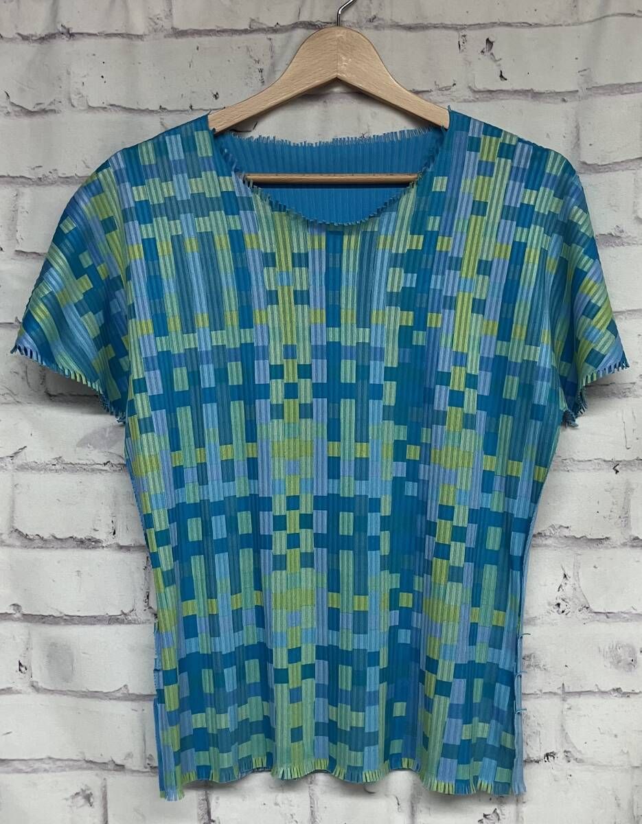 PLEATS PLEASE ISSEY MIYAKE プリーツプリーズ イッセイミヤケ 柄プリーツカットソー サイズ3 水色 モザイク柄 柄切替 レディース 夏