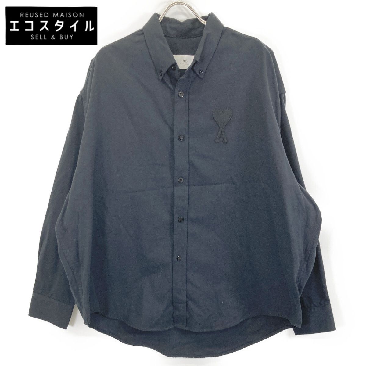 AMI PARIS アミパリス USH 124.418 ﾌﾞﾗｯｸ ﾊｰﾄﾛｺﾞ刺繍長袖ｼｬﾂ 44