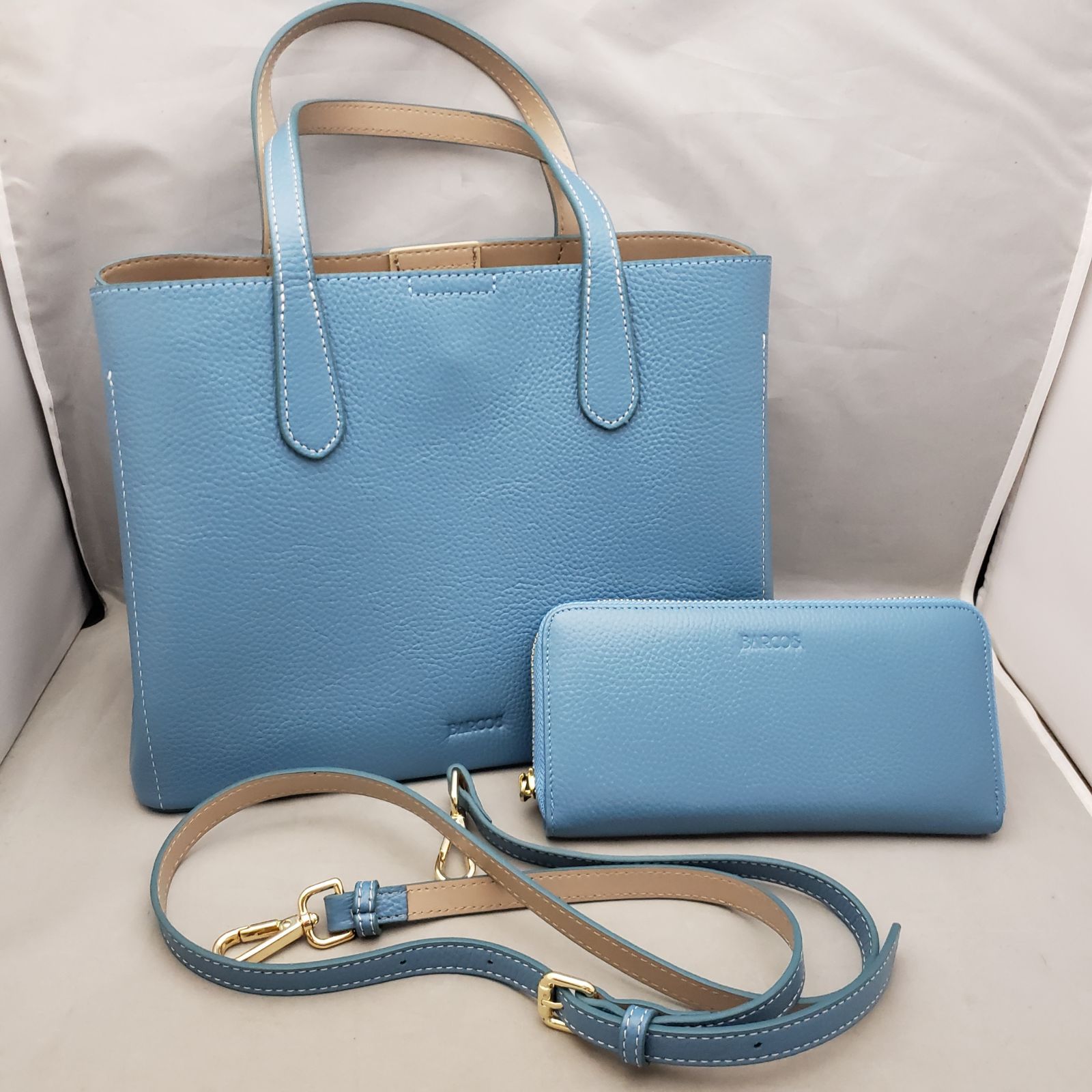 BARCOS 2 WAY トートバッグ ショルダーバッグ u 7173 s長財布付き シボレザー調 ブルー系 s