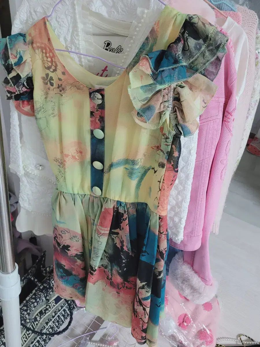  輸入フラワー シフォン ONE PIECE フリル 長袖 七分袖 ひざ丈ワンピース