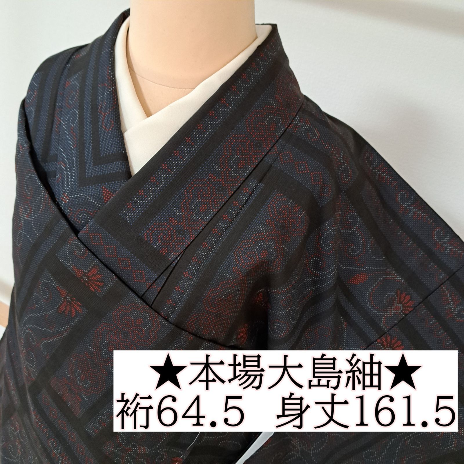本場大島紬 】裄64.5 身丈161.5 袖49 紬 一元式 唐草文様 ゆ09S05 