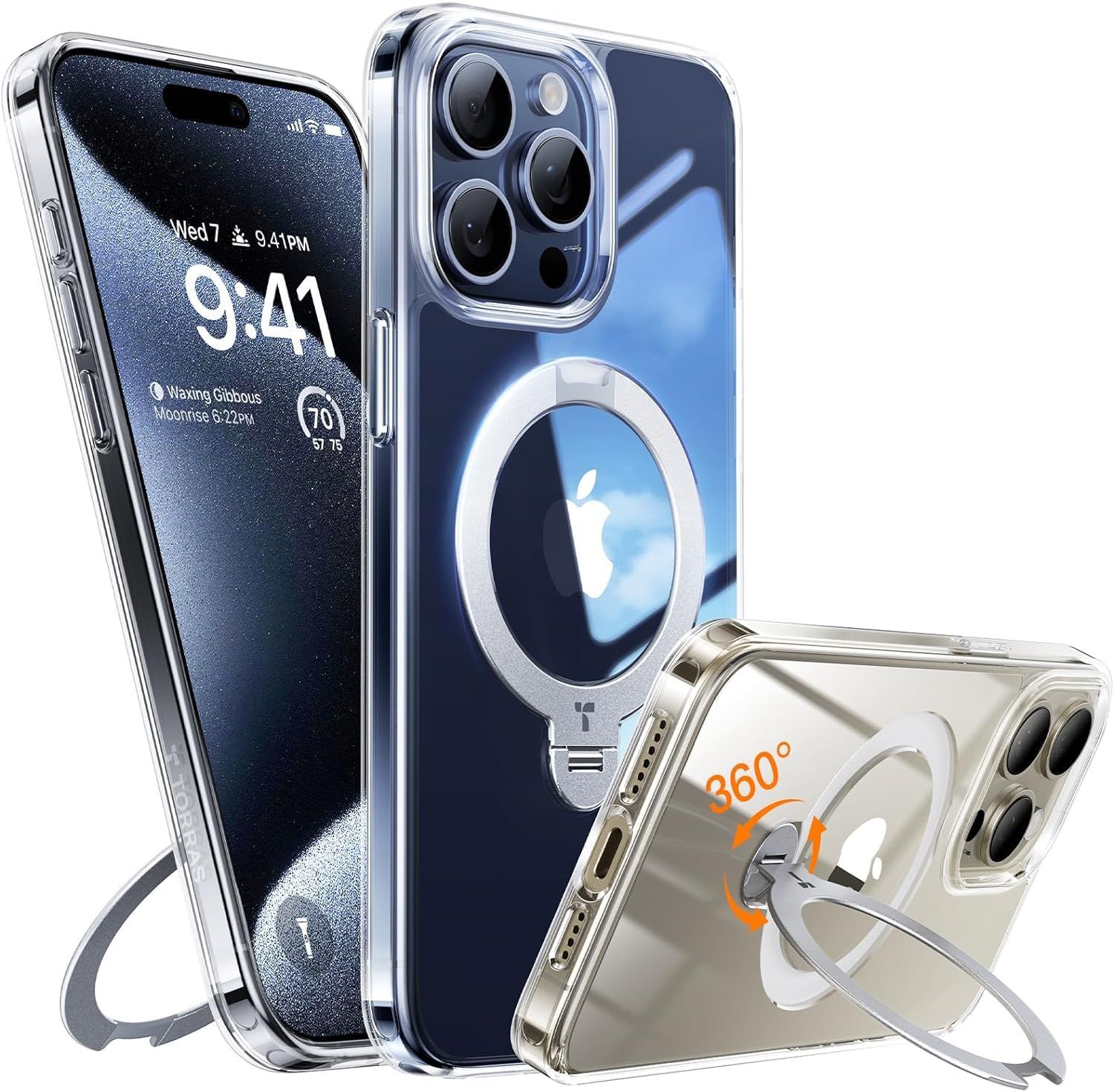 TORRAS iPhone 15 Pro Max 用 ケース 超剛性｜360° ゼンマイ式スタンド × 10 万回開閉耐久 米軍規格 縦横両対応 リング付き マグネット搭載 ワイヤレス充電対応 耐衝撃 防指紋 半透明 Ostand Spin クリア