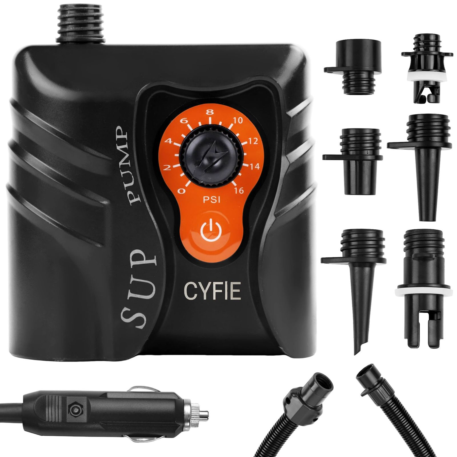 電動エアーポンプ sup用 電動空気入れ カヤック 自動停止 過熱保護 小型 軽量 ゴムボート 6種類のノズル付 携帯ポンプ 空気入れ 電動 DC 12 Vシガーライター給電式 16 psi エアーベッド|浮き輪|テント|ヨガボールに適用 日本語取扱説明書付