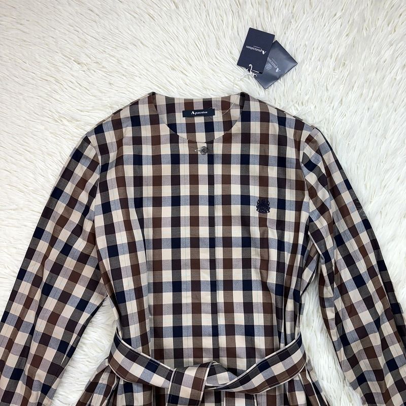 タグ付き♥ Aquascutum アクアスキュータム ビッグクラブチェックドレス サイズ8 日本製 シャツワンピース Aライン ベルト マルチカラー ブラウン×ネイビー×ベージュ 春夏 レディース