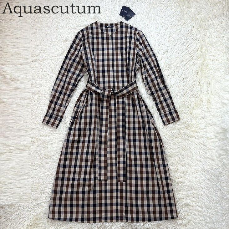 タグ付き♥ Aquascutum アクアスキュータム ビッグクラブチェックドレス サイズ8 日本製 シャツワンピース Aライン ベルト マルチカラー ブラウン×ネイビー×ベージュ 春夏 レディース