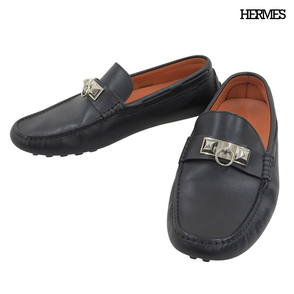 超 エルメス HERMES 販売商品 アーヴィング コリエドシアン金具 レザー フラットシューズ ローファー 40 1|2 25.5‐26 cm 黒 定価197000円