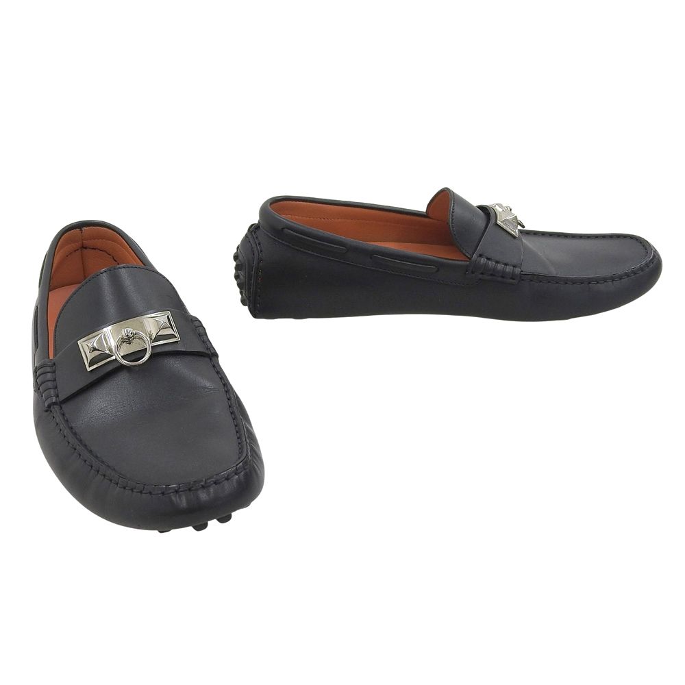 超 エルメス HERMES 販売商品 アーヴィング コリエドシアン金具 レザー フラットシューズ ローファー 40 1|2 25.5‐26 cm 黒 定価197000円