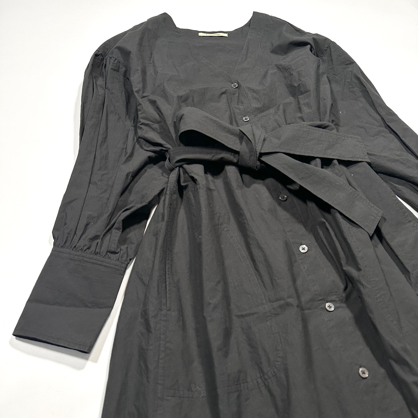 Curensology カレンソロジー 長袖シャツワンピース ロング ブラック ベルト付き