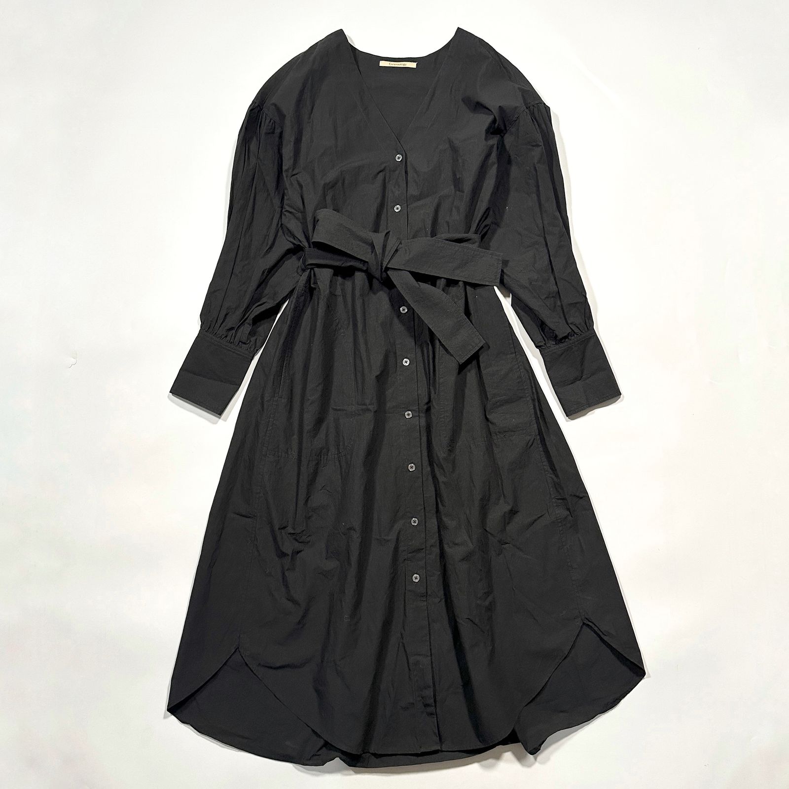 Curensology カレンソロジー 長袖シャツワンピース ロング ブラック ベルト付き