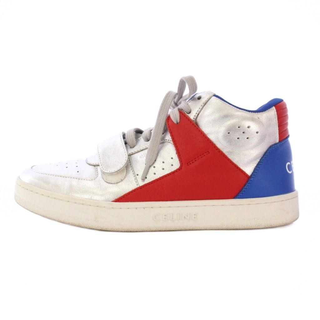セリーヌ CELINE ベルクロストラップ ミッド ハイカットスニーカー シューズ ロゴ 39 シルバーカラー |BB