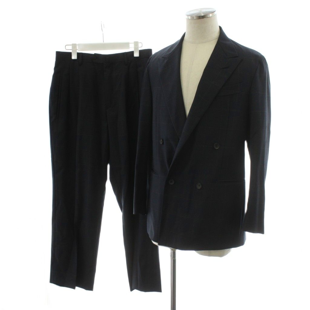 カルーゾ CARUSO butterfly ウインドウペンチェック スーツ セットアップ テーラードジャケット ダブル パンツ スラックス ウール 48 46 紺 ネイビー 508296 |AN 73