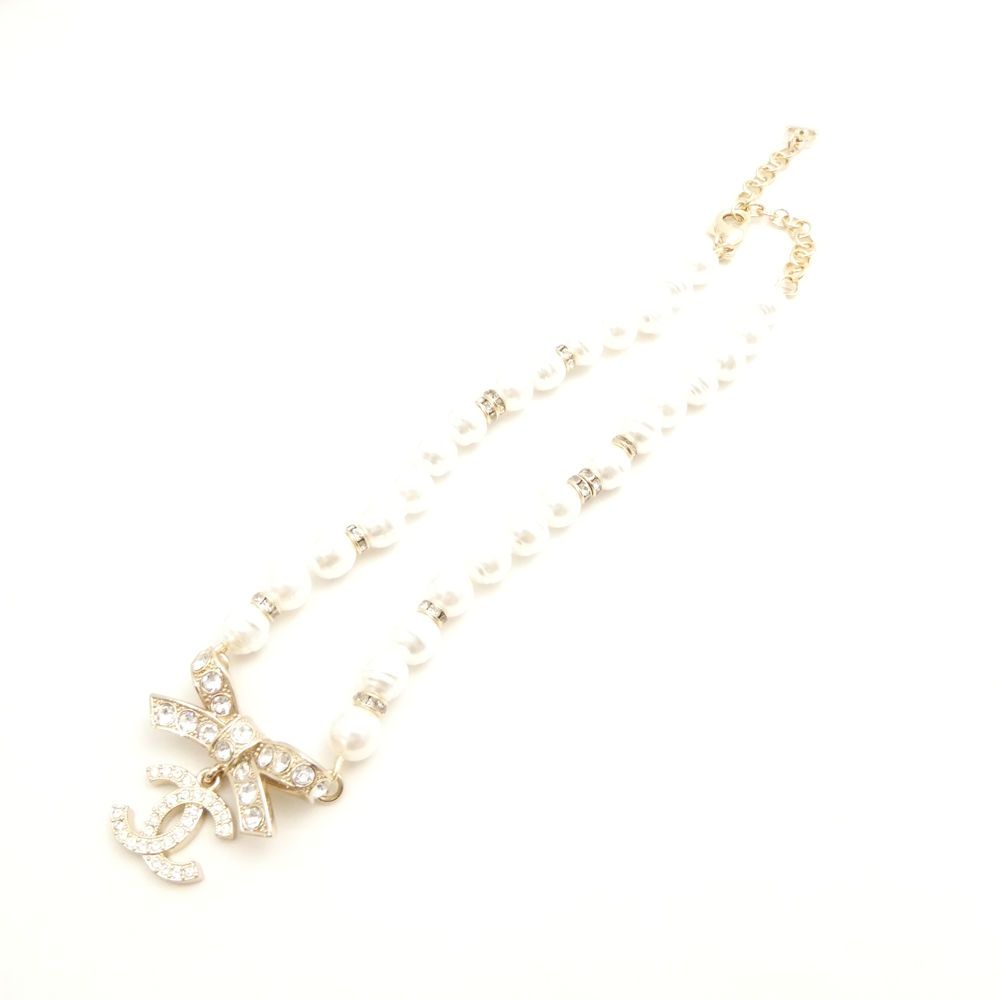 CHANEL シャネル B 23 S チョーカー ネックレス ココマーク パール ラインストーン リボン レディース